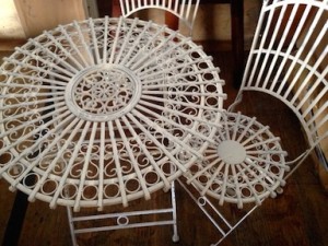 white vintage table two chairs tall for hire