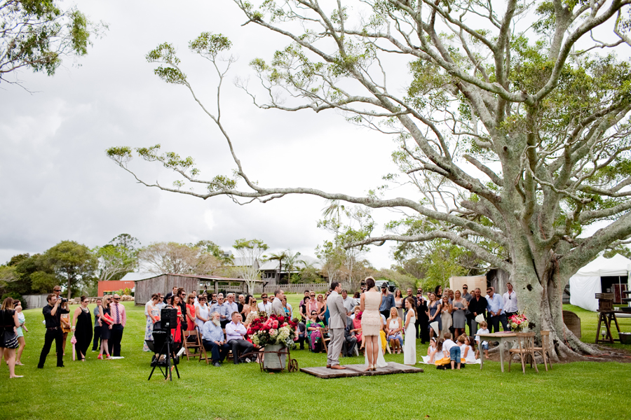 wedding - outdoor ceremony - tree - wine barrel hire - chair hire