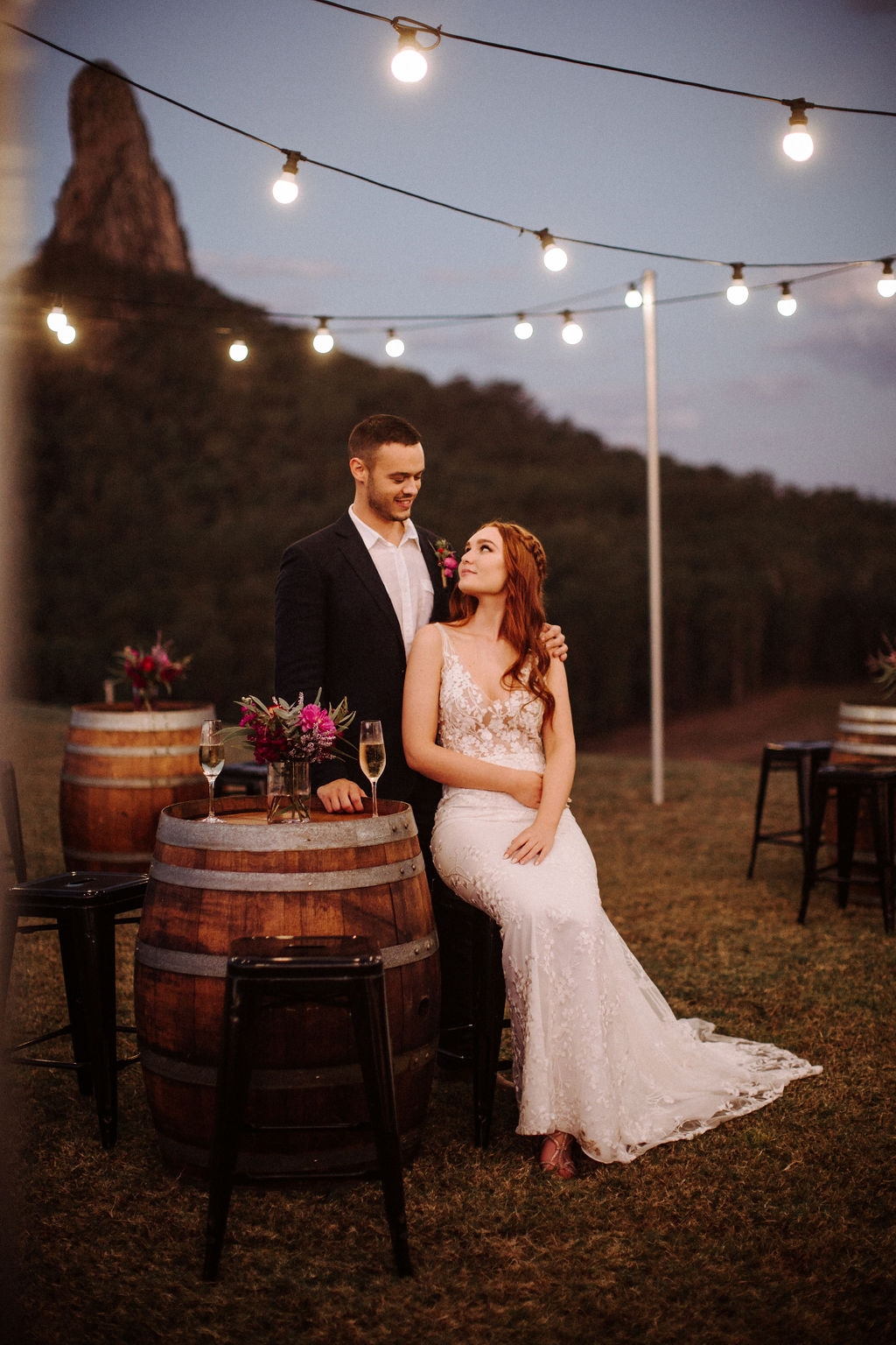 wedding - wine barrels - black stools