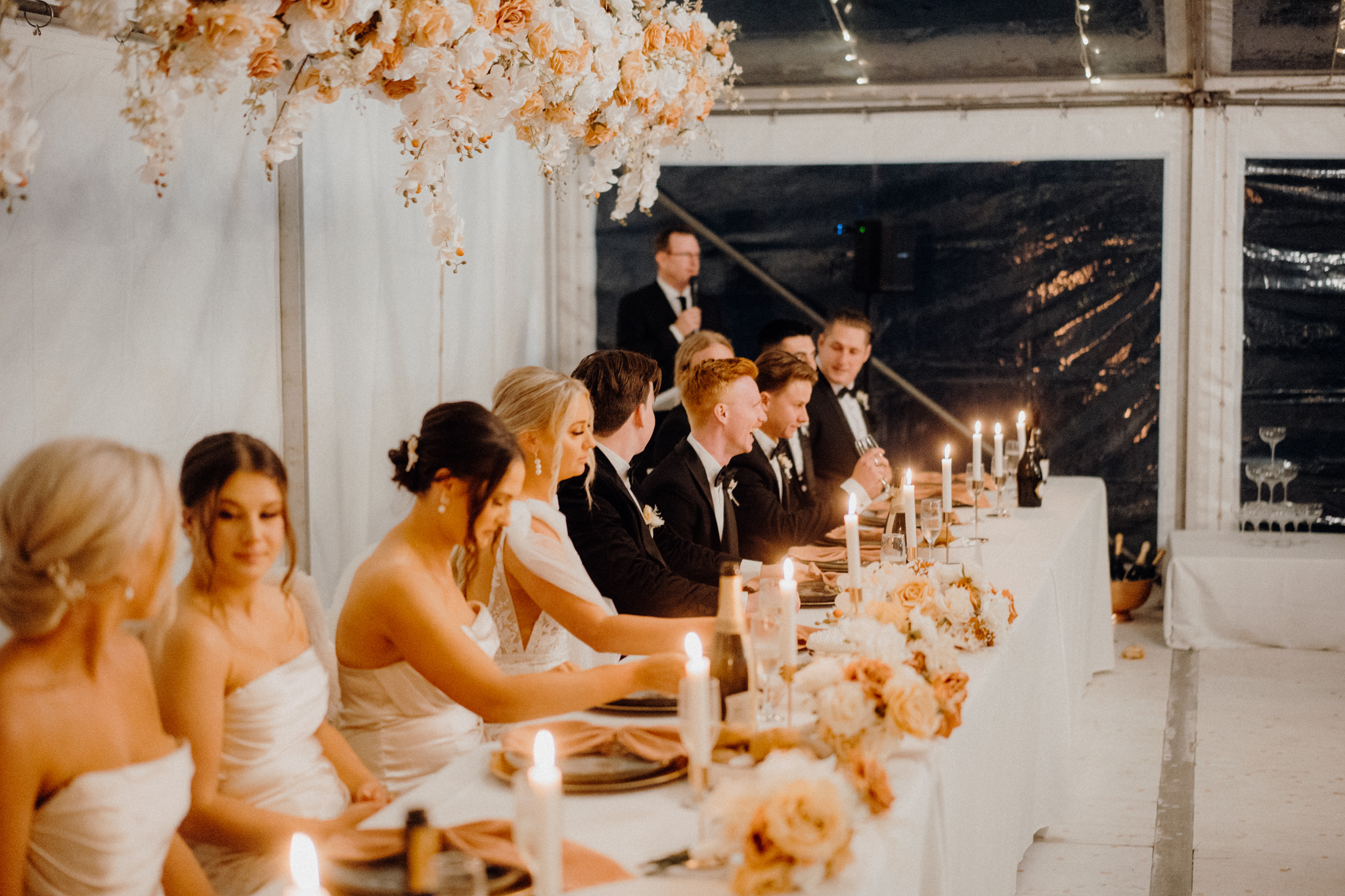white marquee - clear marquee - head table - speech
