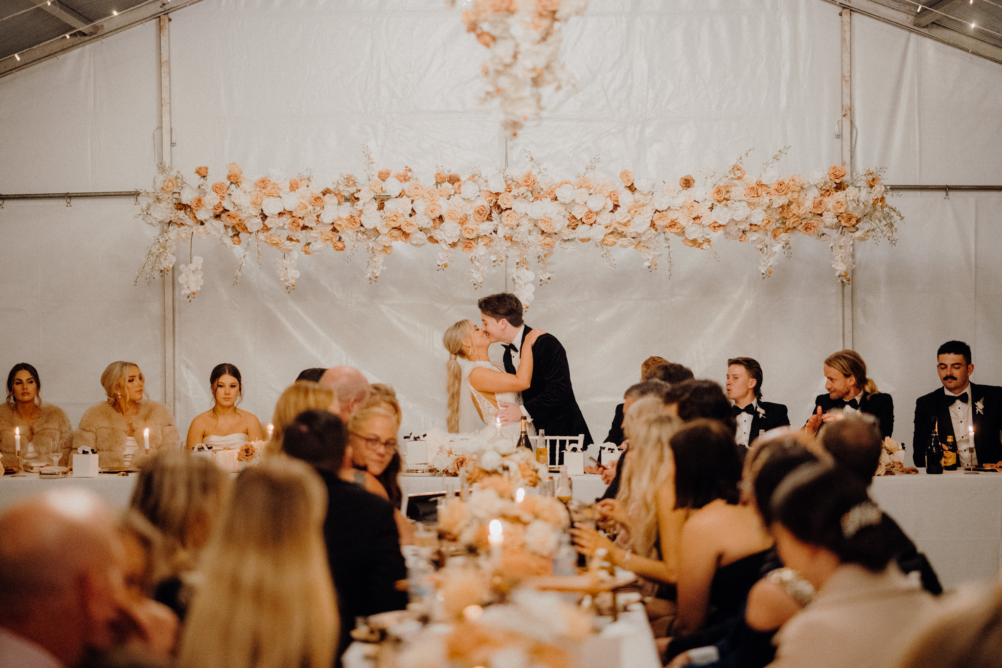 white marquee - head table - bride groom